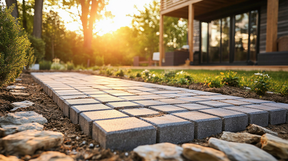 Paving Stone Path Leading To Modern House At Sunset